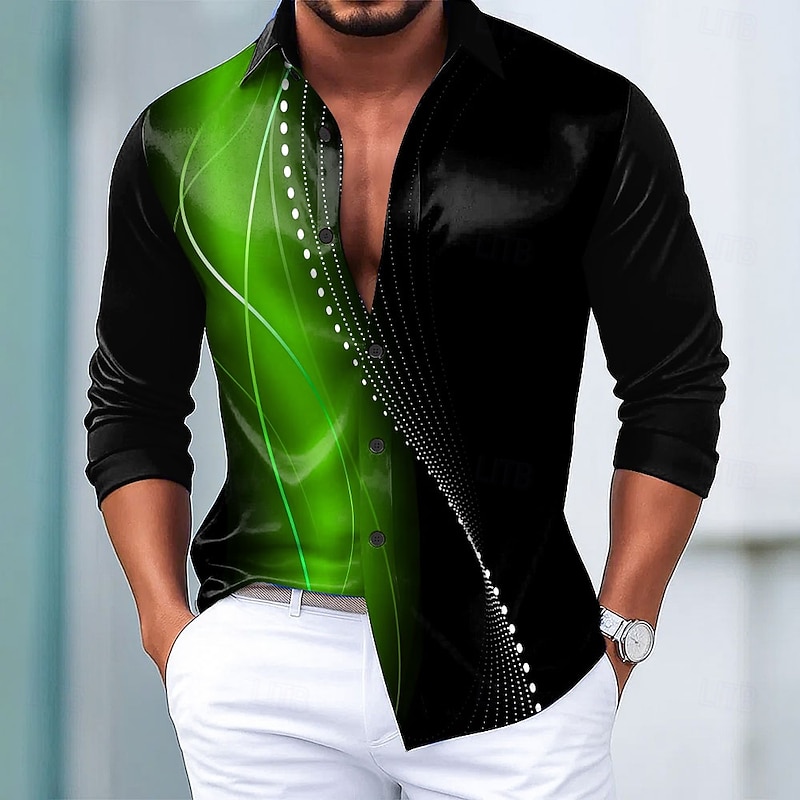 Men's Geometric Gradient Color Line Shirt Satin Shirt Dress Shirt Long Sleeve Fashion Casual Vacation Dailywear Summer Spring Fall Turndown 3D Print Button Up Shirts Black / Green Black / Purple2