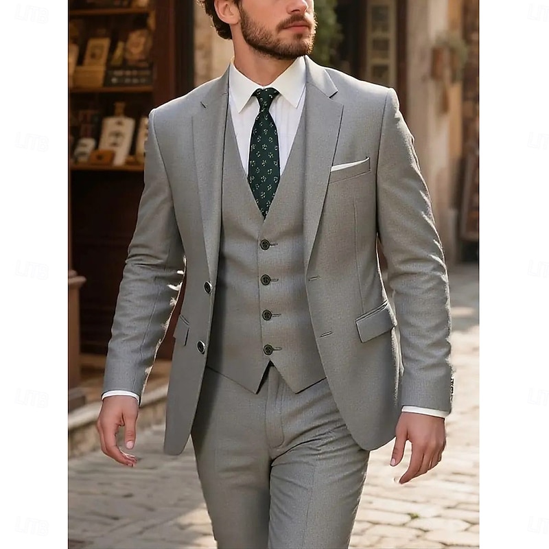 Men's Wedding Casual Business Suits Notch Lapel Black Dark Blue Formal Solid Colored Tailored Fit 3 Piece Single Breasted Two-buttons