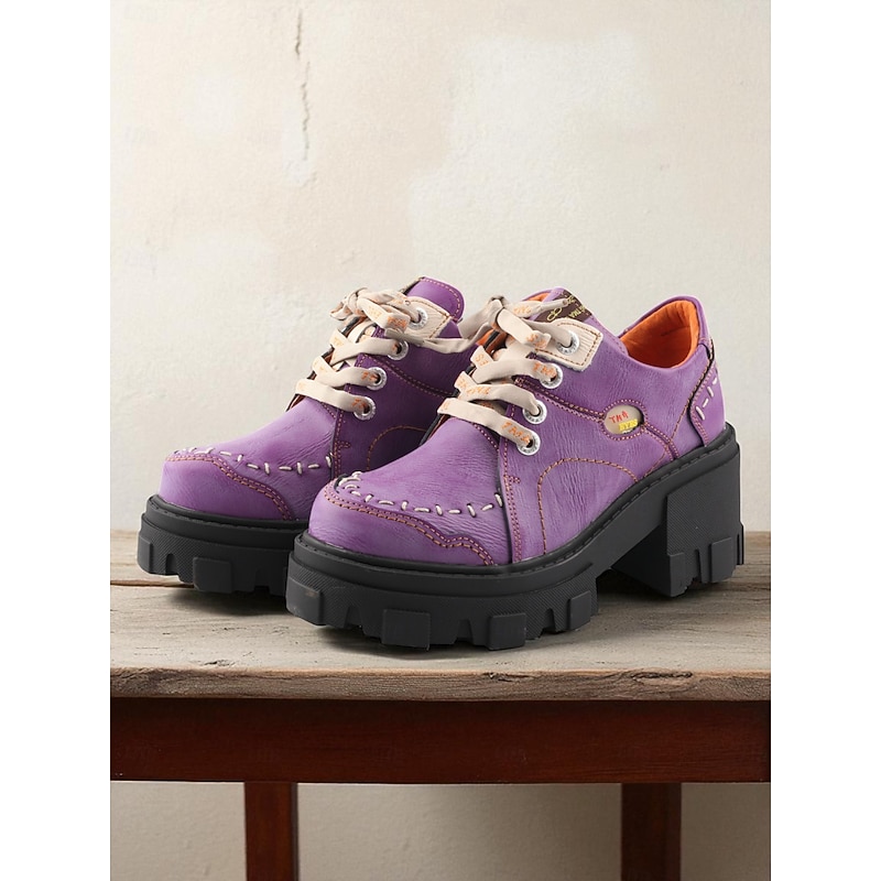 Women's Green Genuine Leather Chunky Sole Lace-Up Casual Shoes – Retro Leather Oxford Style Shoes for Autumn Fashion and Outdoor Walking