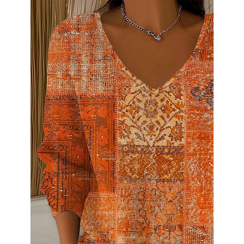 Women's T Shirt Graphic Geometric Tribal Elegant Fashion Casual Long Sleeve V Neck Regular Tops Daily Weekend Print Orange Spring Fall Winter2