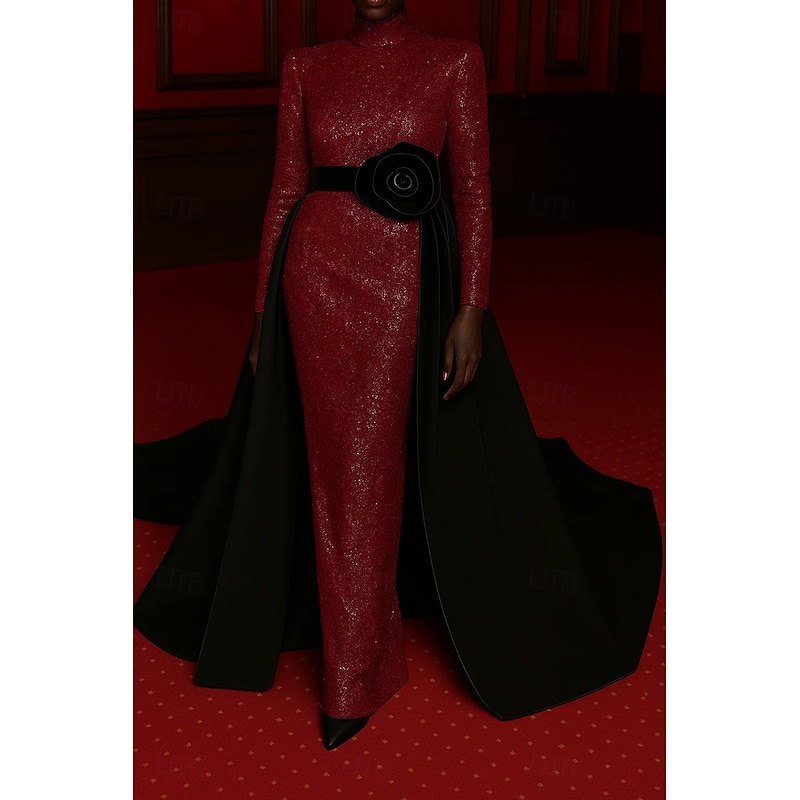 Ball Gown  Glitter Evening Gown Elegant Formal Dress Formal Wedding Sweep / Brush Train Long Sleeve High Neck Satin with Flower Overskirt 20254