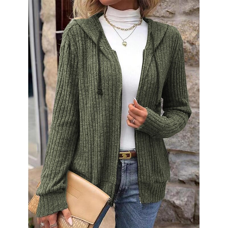 Women's Sweater Cardigan Casual Soft Pure Color Ribbed Hooded Knitted Hooded Long Sleeve Long Tops Knit Outdoor Daily Weekend Black Wine Fall Winter