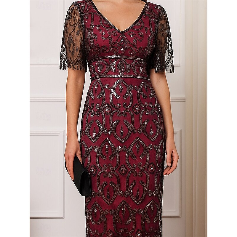 Sheath / Column Mother of the Bride Dress Elegant Vintage Sparkle & Shine V Neck Ankle Length Sequined Polyester Half Sleeve with Beading3