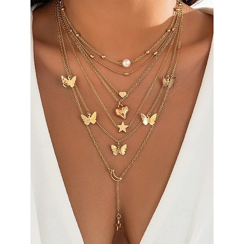 Women's Alloy Layered Necklace Set with Butterfly, Heart, Star, and Moon Pendants, Fashion Multi-Strand Jewelry for Parties, Weddings and Everyday Wear