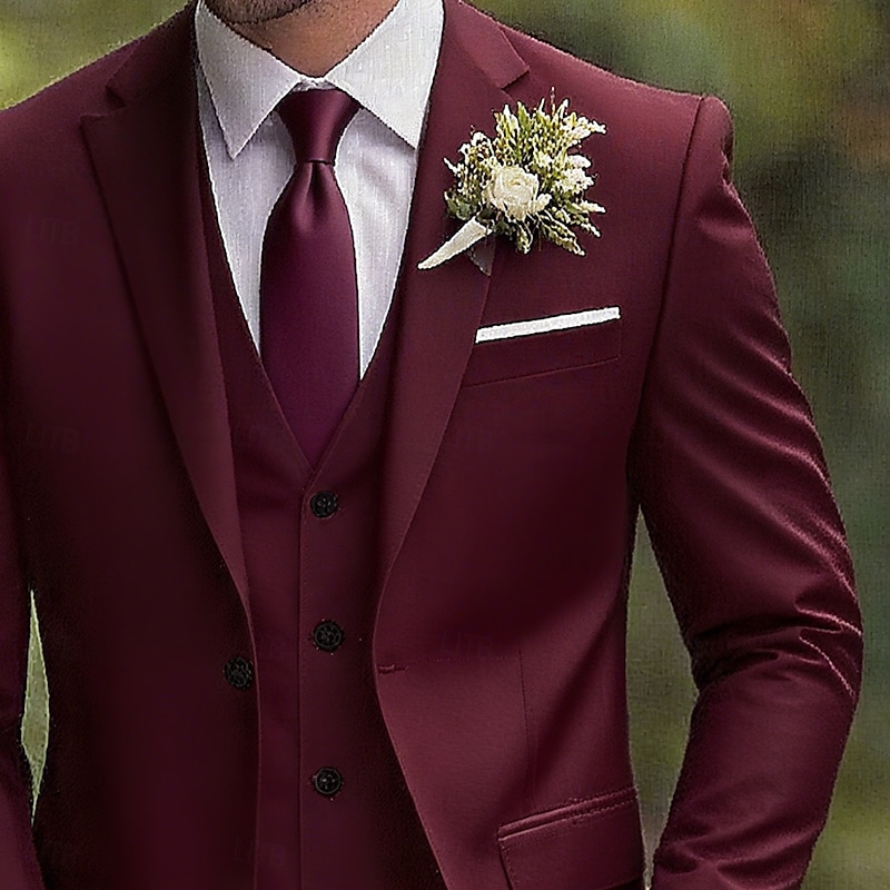 Men's Wedding Wedding Suits Notch Lapel Burgundy Formal Solid Colored Slim Fit 3 Piece2