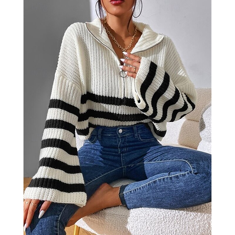 Women's Sweater Pullover Fashion Casual Striped Ribbed Half Zip Zipper Knitted Long Sleeve Regular Tops Knit Outdoor Daily Weekend Black White Fall Winter2