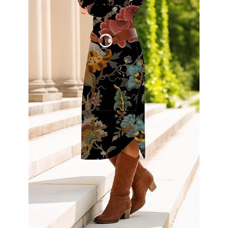 Women's Midi Dress Sheath Dress Shift Dress Casual Daily Regular Fit Floral Graphic Paisley Long Sleeve Crew Neck Black Spring Fall Winter Autumn3