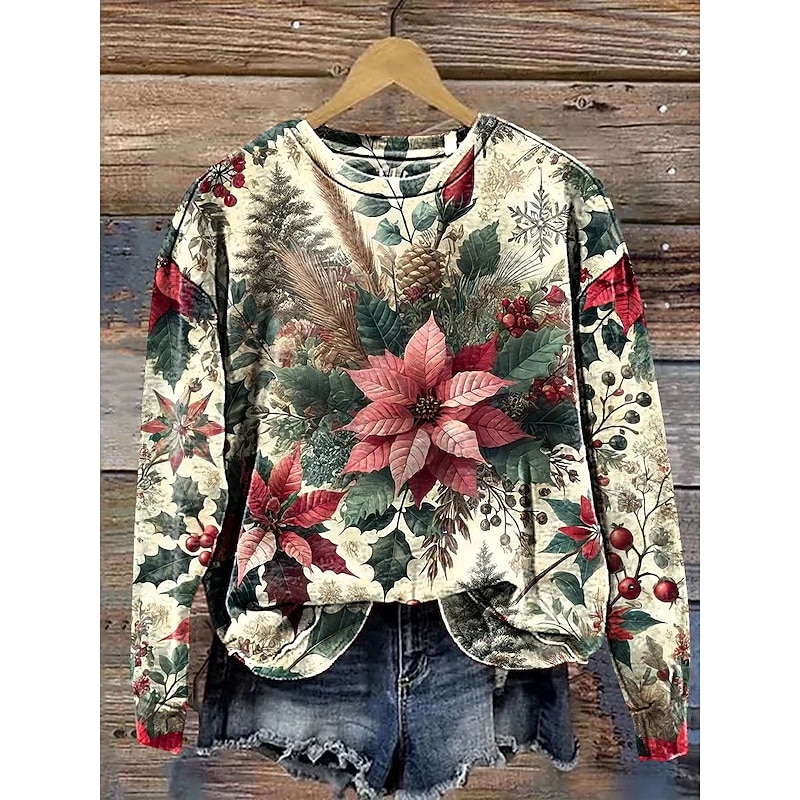 Women's Sweatshirts Floral Graphic Vintage Casual Long Sleeve Crew Neck Regular Tops Street Dailywear Casual Print Khaki Fall Winter