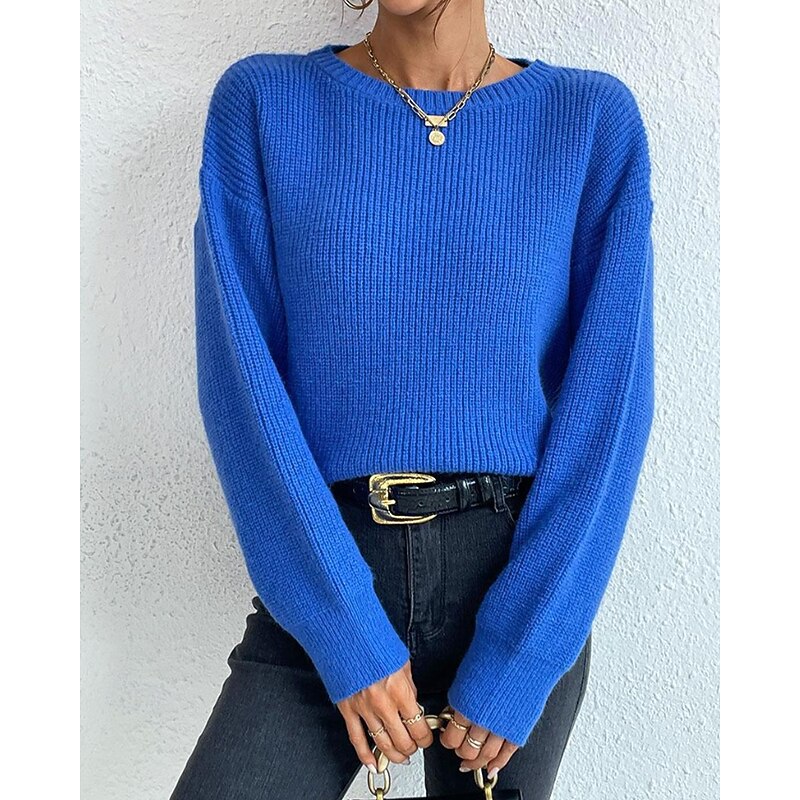 Women's Sweater Pullover Streetwear Casual Solid Color Crew Neck Knitted Long Sleeve Regular Tops Knit Daily Holiday Going out Royal Blue Fuchsia Fall Winter4