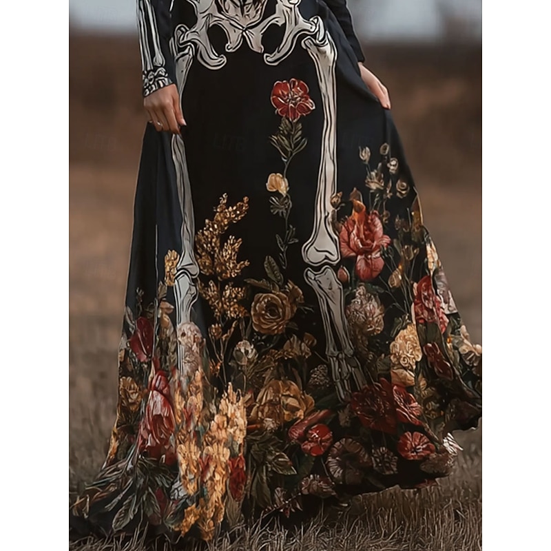 Halloween Women's Skeleton Floor length Sheath Dress A Line Dress Casual Boho Wedding Guest Beach Regular Fit Floral Graphic Long Sleeve Crew Neck Black Spring Fall Winter3