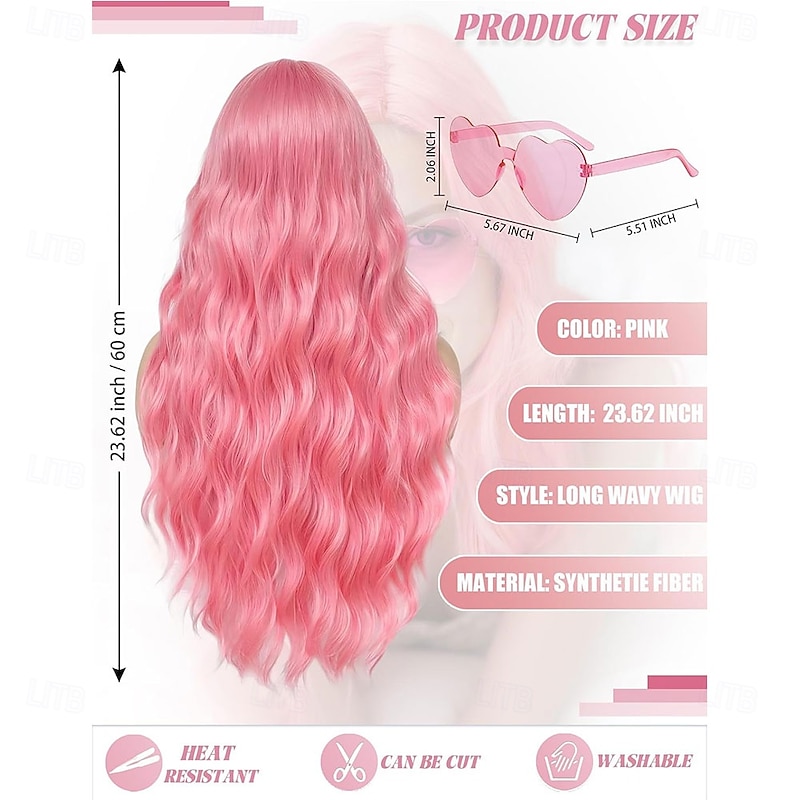 23.62 Inch Long Wavy Wig Middle Part for Women and Party Sunglasses Curly Wavy Wigs with Neon Glasses for Women - Bachelorette Party Wigs Decorations Favors3