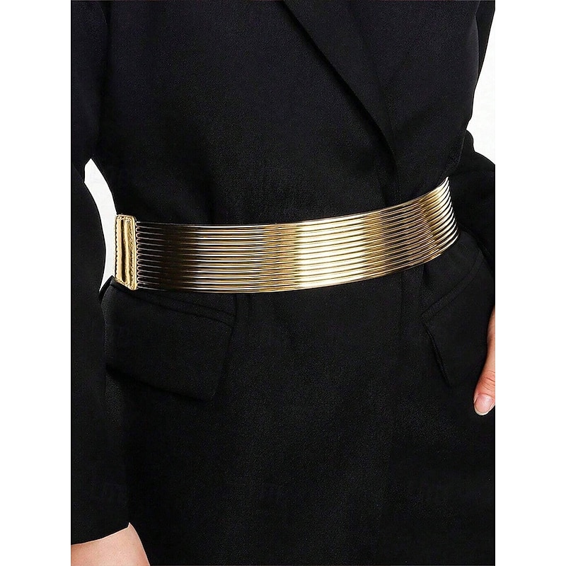 Women's Gold Silver Black Wide Metal Belt - Elastic Stretch Drawstring with Snap Closure, Fashion Accessory for Dresses, Parties and Formal Occasions2