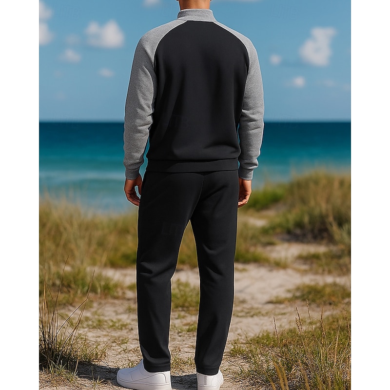 Men's Pullover Sweatsuit Sets 2 Piece Tracksuit Lounge Outfits  Quarter Zip with Pocket Color Block Clothing Suit Fall White Khaki Hiking Vocation Outdoor Long Sleeve Sport Activewear Micro-elastic2