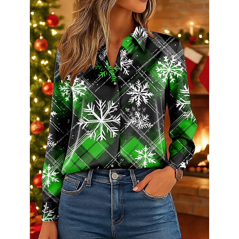 Christmas Women's Work Shirt Graphic Plaid Snowflake Elegant Vintage Tropical Long Sleeve Shirt Collar Regular Tops Work Party Evening Wear Daily Red Blue Purple Orange Green Fall Winter Spring2
