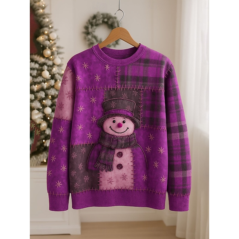 Women's Pullover Sweatshirt Graphic Snowman Casual Long Sleeve Crew Neck Regular Tops Street Casual Holiday Print Red Blue Purple Green Spring Fall Winter3