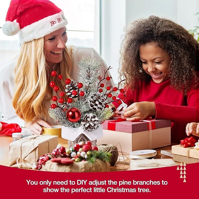 Tabletop Christmas Tree Decoration, Artificial Mini PE Pine Tree with Wooden Bucket Base, Desktop Xmas Decor for Home, Office, Holiday Party Display Ornament3