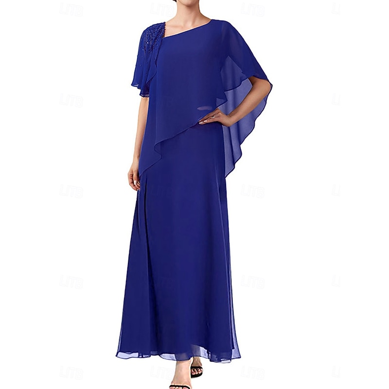 A-Line Mother of the Bride Dress Elegant Simple Square Neck Ankle Length Chiffon Short Sleeve with Solid Color