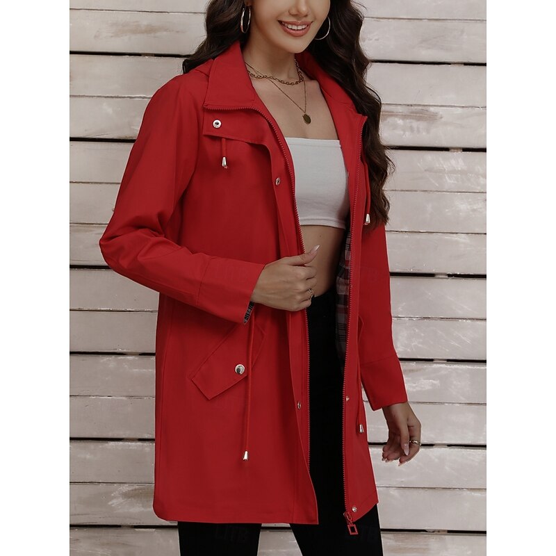 Women's Casual Jacket Comfortable Breathable Pocket Casual Plain Vacation Street Casual Daily Wear Zipper Long Turndown Regular Fit Long Sleeve Outerwear Red Navy Blue Army Green Spring Fall4