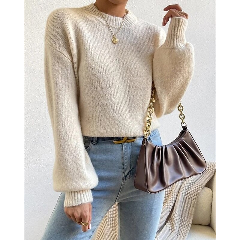Women's Sweater Pullover Fashion Casual Pure Color Ribbed Mock Neck Knitted Long Sleeve Regular Tops Knit Outdoor Daily Weekend Apricot Fall Winter4