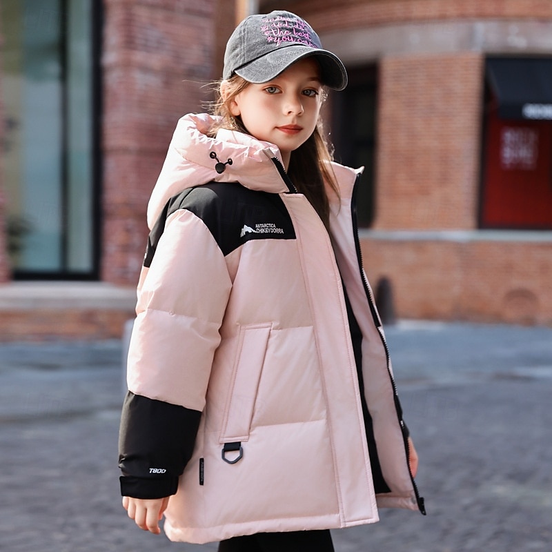 Kids Girls' Down Jacket Outdoor Jacket Puffer Jacket Color Block Fashion Keep Warm Windproof Outdoor Coat Outerwear 4-12 Years Fall Pink Beige3