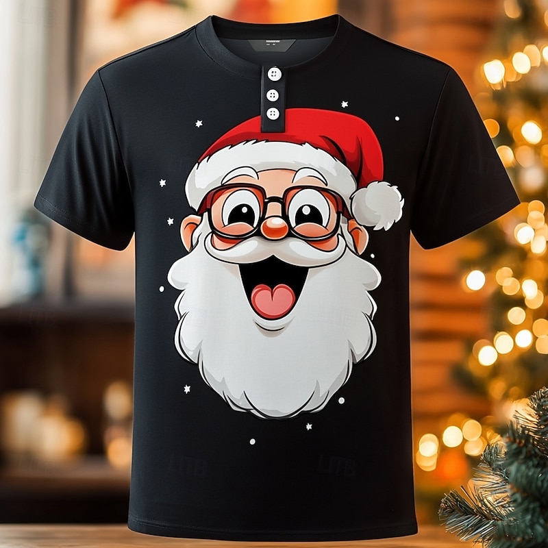 Men's Christmas Santa Claus T Shirt Henley Shirt Short Sleeve Designer Retro Vintage Casual Street Casual Daily Summer Spring Winter Black Henley Henley T-Shirt
