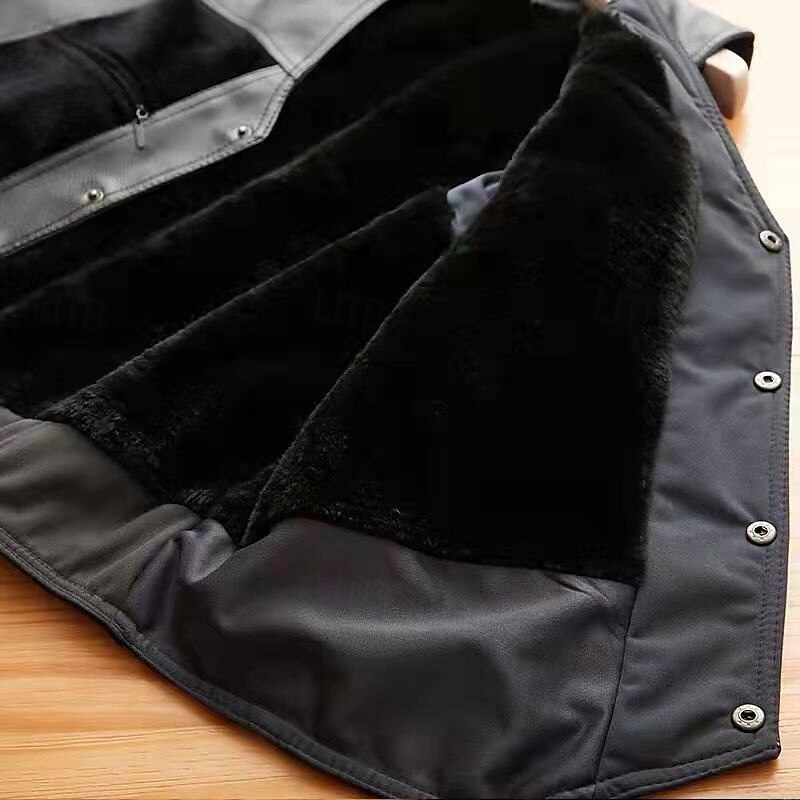 Men's Vest Gilet Outdoor Daily Fashion Casual Spring Fall Pocket Buttons Splice Faux Leather Comfortable Plain Single Breasted One-button V Neck Regular Fit Black Vest2