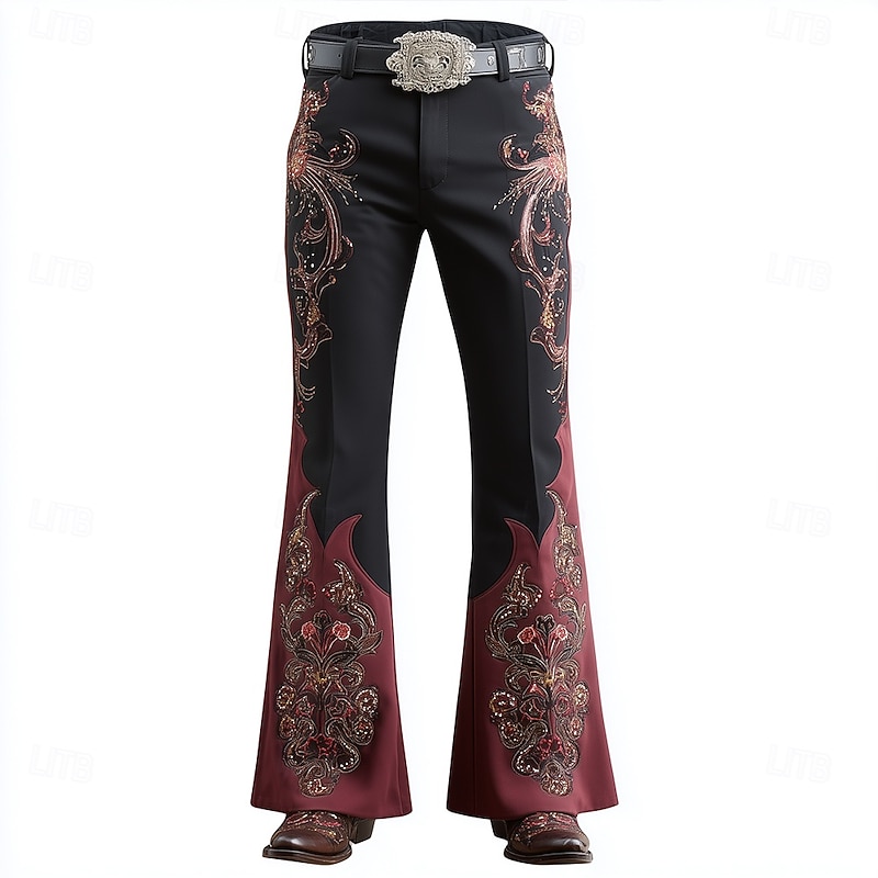 Men's Ethnic Intricate Floral Trousers Disco Pants 60s 70s Bell Bottoms Mid Waist Western Vintage Retro Outdoor Vacation Side Pockets Flared Leg Pants Trousers Spring Fall 3D Print Black
