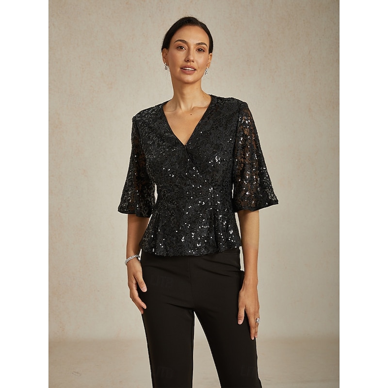 Women's Blouse Lace Tops Evening Tops Sequin Tops Elegant Party V Neck Regular Tops Wedding Guest Cocktail Attire Sequins Lace Black Spring, Fall, Winter, Summer