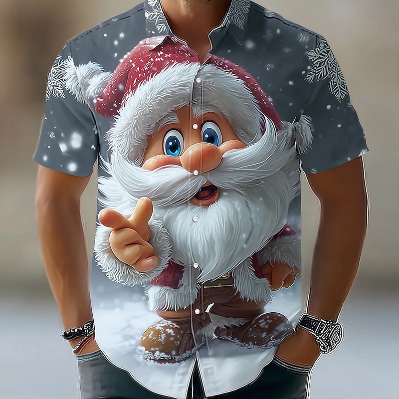Christmas Men's Cartoon Santa Claus Snowflake Shirt Button Up Shirt Short Sleeve Funny Outdoor Holiday Summer Spring Turndown 3D Print Collared Shirts Blue 2# Blue 1# Blue
