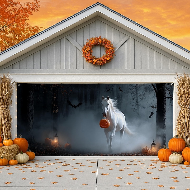 Halloween Garage Door Cover Large Hanging Backdrop Pumpkin Horse 3D Dark Punk Gothic Style Party Outdoor Shooting Backgrounds Yard Haunted House Home Decor2