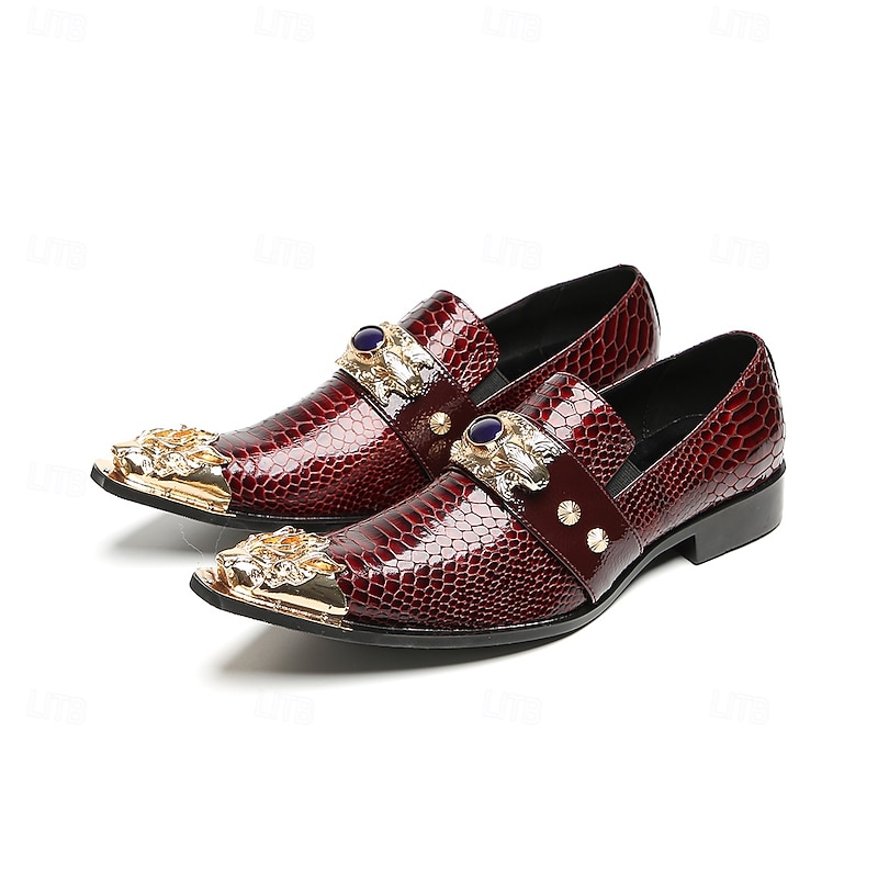 Men's Genuine Cowhide Leather Burgundy Crocodile Print Loafers with Decorative Metal and Gemstone – Luxury Business and Formal Party Shoes2