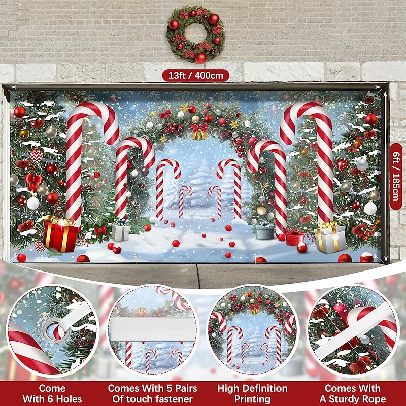 Christmas Outdoor Garage Door Cover Christmas Wreath Candy Cane Large Tapestry Backdrop Holiday Party Wall Decoration For Outdoor Garage Door Home Christmas Festival Celebration Decor2