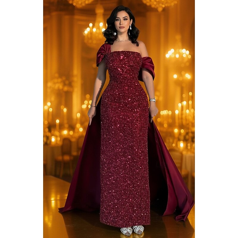 Burgundy Sheath / Column Evening Gown Elegant Formal Dress Formal Wedding Sweep / Brush Train Sleeveless Off Shoulder Stretch Satin with Ruched Beading 2025