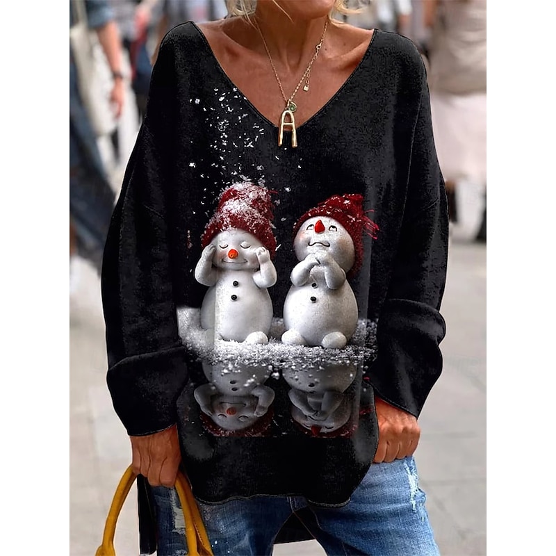 Christmas Women's T Shirt Graphic Christmas Elegant Fashion Casual Long Sleeve V Neck Regular Tops Daily Weekend Print Black Spring Fall Winter
