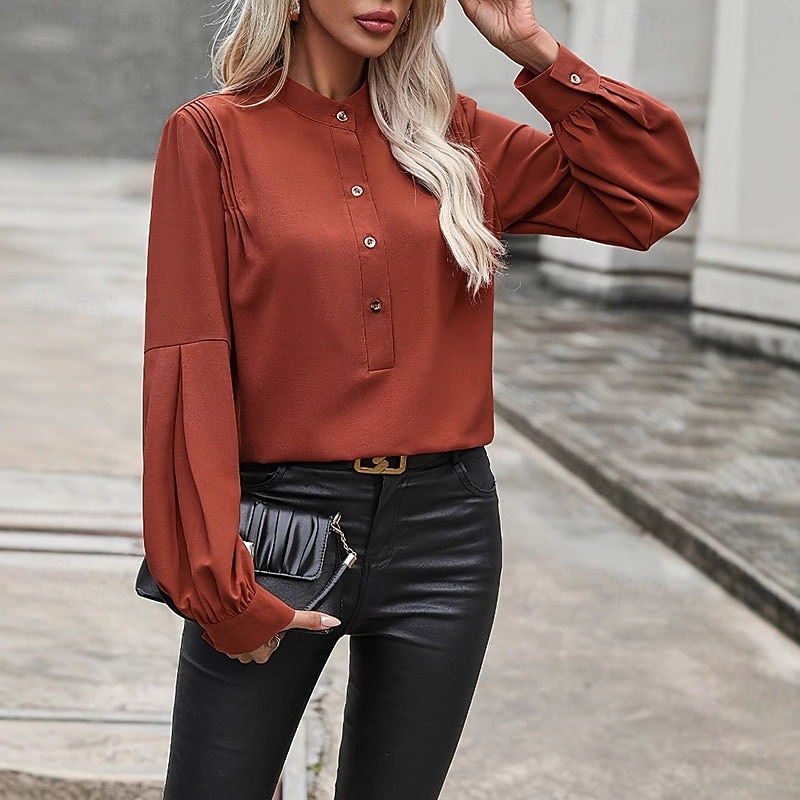 Women's Shirt Dressy Blouse Plain Elegant Stylish Long Sleeve High Neck Regular Tops Work Holiday Going out Ruched Buttons Brown Spring Fall