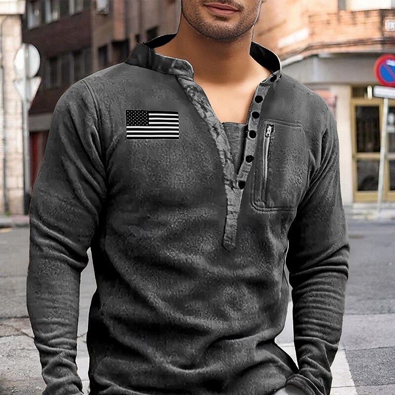 Men's Sweatshirt Fleece Sweatshirt Black Army Green Khaki Dark Gray Standing Collar American Flag Pocket Sports & Outdoor Daily Holiday Polyester Streetwear Basic Casual Fall Winter Clothing Apparel3