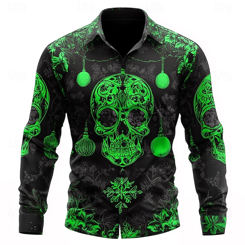 Halloween Men's Skull Snowflake Christmas Light Shirt Button Up Shirt Long Sleeve Dark Punk Gothic Style Outdoor Holiday Summer Spring Turndown 3D Print Collared Shirts Red Purple Orange Green4