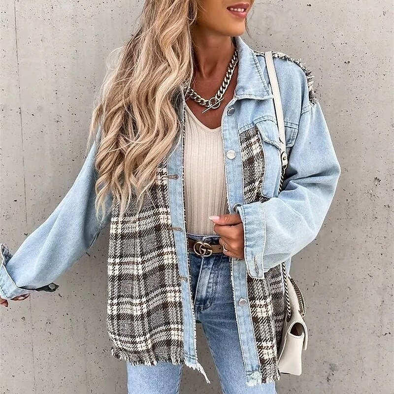 Women's Casual Jacket Denim Jacket Warm Comfortable Pocket Buttons Fashion Outdoor Color Block Going out Weekend Single Breasted Regular Lapel Regular Fit Long Sleeve Outerwear Blue Fall Winter3