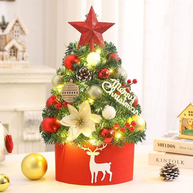 Tabletop Christmas Tree 45cm with Lights, Small Tabletop Christmas Tree with Lights Artificial Christmas Decorations Desk Kid Room Office Home Decor Xmas