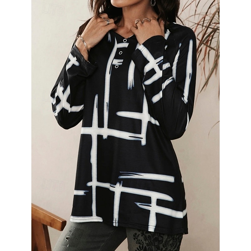 Women's T Shirt Plaid Basic Long Sleeve Flutter Sleeve V Neck Long Tops Daily Sports Buttons Black White Red Fall Winter2