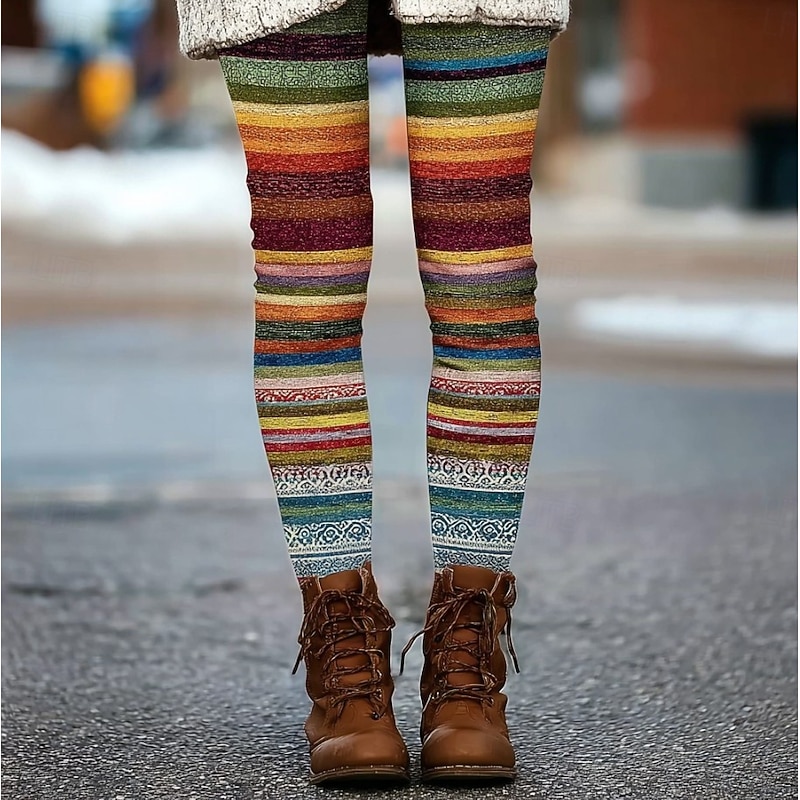 Women's Leggings Vacation Vintage Fashion Full Length High Waist Graphic Color Block Printing Thermal Warm Soft Breathable Stretchy Formal Outdoor Vacation Olive Brown Dark Brown Spring Fall Winter