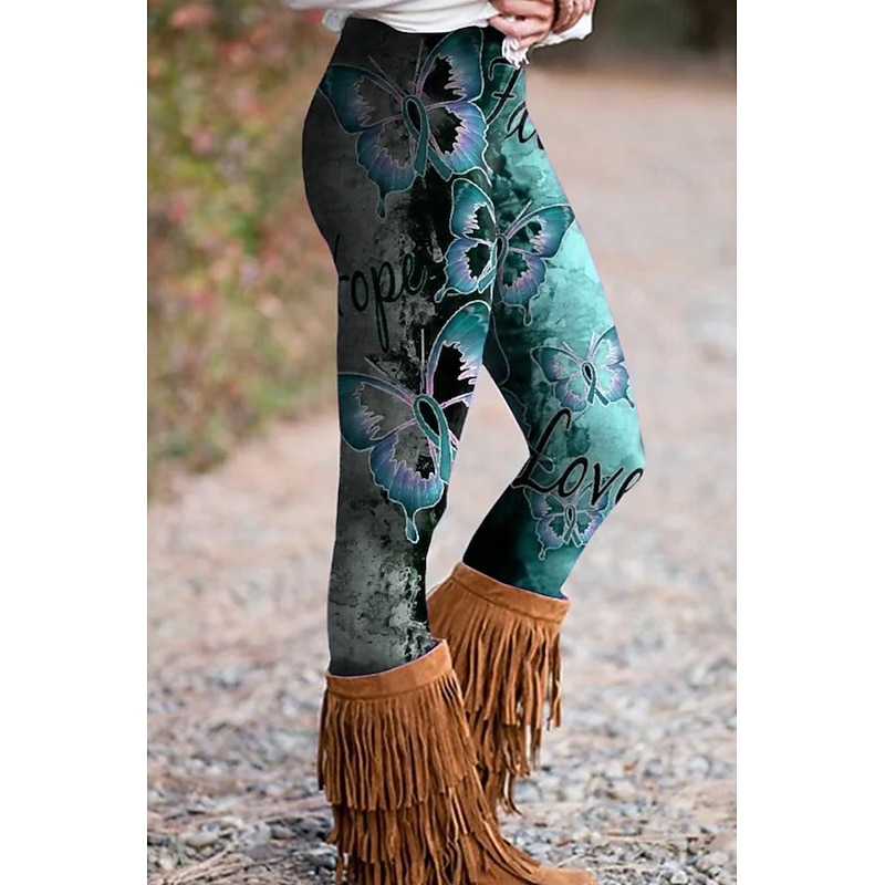 Women's Leggings Vacation Vintage Ethnic Style Full Length High Waist Graphic Butterfly 3D Print Quick Dry Breathability Soft High Elasticity Outdoor Home Causal Yellow Blue Purple Green Fall Slim Fit4
