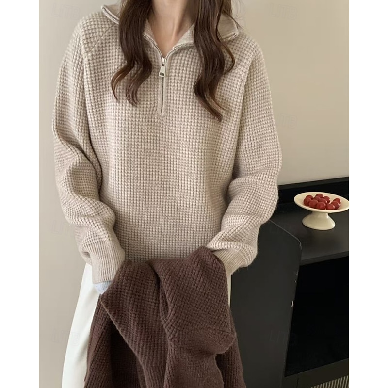 Women's Sweater Pullover Streetwear Casual Solid Color Shirt Collar Zipper Knitted Long Sleeve Regular Tops Knit Daily Holiday Going out Khaki Dark Gray Fall Winter