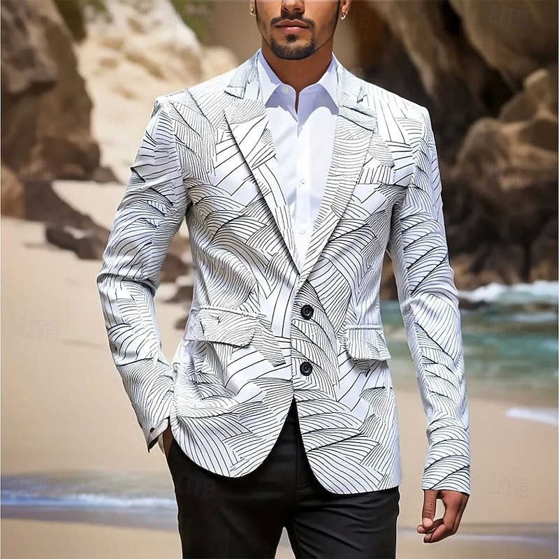Men's Coat Blazer Business Casual Daily British All Seasons 100% Polyester Graphic 3D Print Buttons Comfortable Single Breasted Blazer Black White Blue2