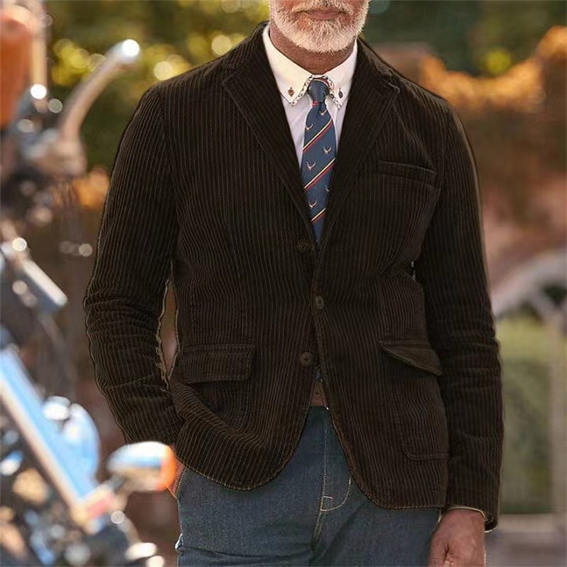 Men's Corduroy Blazer Blazer Business Cocktail Party Wedding Party Fashion Casual Spring Fall Polyester Plain Pocket Buttons Comfortable Single Breasted Blazer Black khaki Army Green Dark Blue4