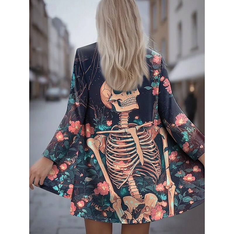 Halloween Women's Casual Jacket Warm Comfortable Skulls Irregular Hem Open Front Elegant Vintage Modern Floral Street Casual Daily Long Collarless  Long Sleeve Outerwear Yellow Pink Khaki Spring3