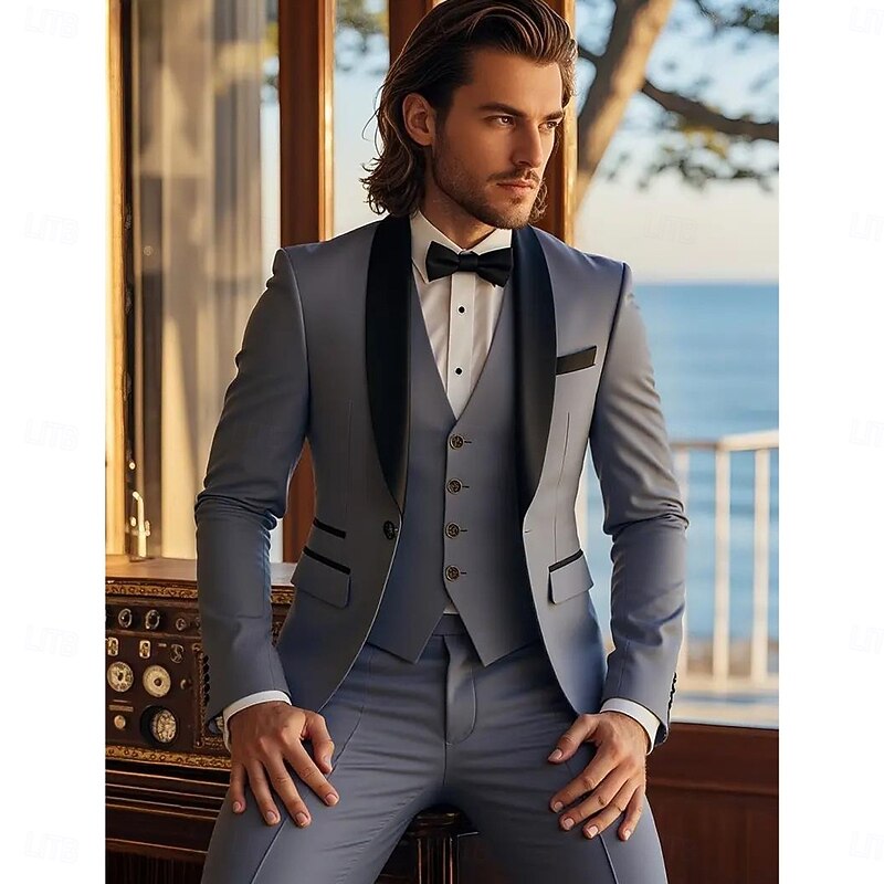 Men's Wedding Business Party Suits Shawl Lapel Black Dark Grey Daily Formal Solid Colored Tailored Fit 3 Piece Single Breasted One-button