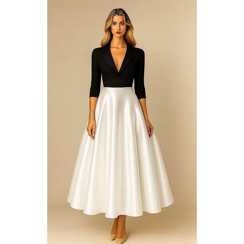 Black and White A-Line Cocktail Dresses Elegant Formal Dress Formal Wedding Tea Length Midi Length  3/4 Length Sleeve Notch lapel Stretch Crepe Top Satin Skirt with Pleats 2025