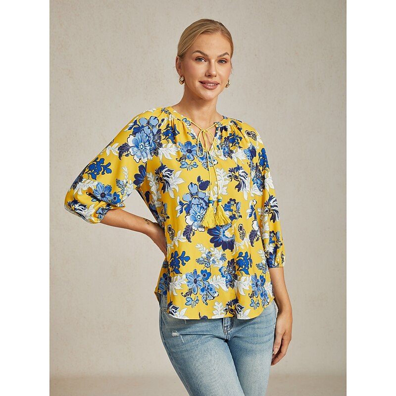 Women's Female Casual Shirt Floral Casual T-shirt Sleeve Yellow Floral 3/4 Sleeve Vacation V Neck