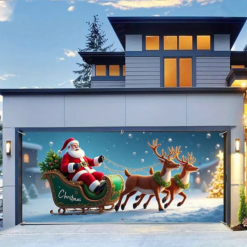 Christmas Garage Door Cover Large Hanging Backdrop Santa Claus Cute 3D Party Outdoor Holiday Shooting Backgrounds Yard Home Decor3